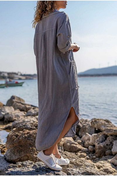 Rosidam Πλενόμενο λινό φόρεμα τυπικού μεγέθους - Άνετη εφαρμογή, μισή πατιλέτα και τσέπες