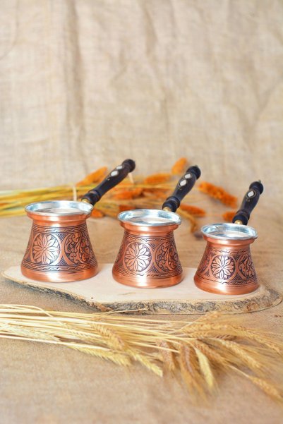 Bakır Concept Copper Coffee Pot with Mother of Pearl Handle Carved Embroidery Processing Copper Color (5 PERSON)