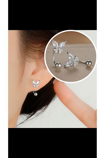 Arescollection Zircon Stone Butterfly Model Piercing Earring - Ring Helix Kikirdak Earlobe Compatible