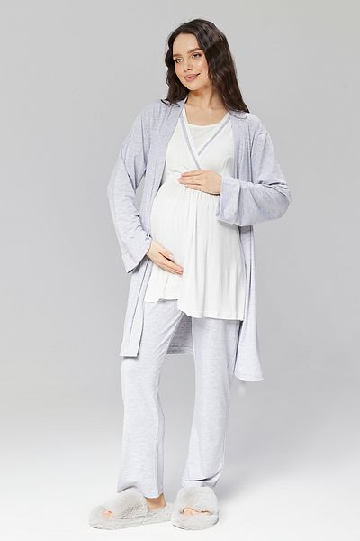 CT MODA Gray Cotton Summer Pajamas and Dressing Gown Set - 3-Piece Maternity Set