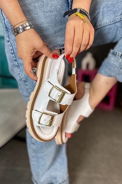 SHOEBELLAS Sury White - Sandale pentru damă cu cataramă dublă