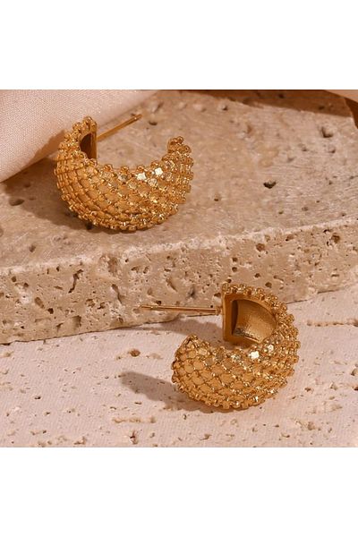 FORSEİ LUCA Gold Colored Double Earrings - Half Hoop Serrated Women's Earrings