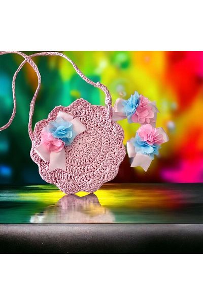 By G Tasarım Pink Paper Knitted Children's Bag and Buckle Set (Shipping with Gift)