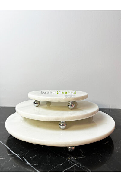 Modestmar Doğal Mermer Yuvarlak 3lü Sunum Seti Gümü Top Ayak, Mermer Yuvarlak...