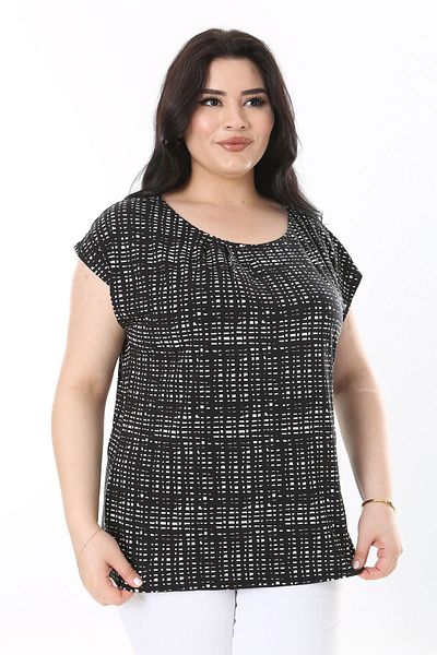 Şans Plus Size Black Chest Pleated Blouse - Crew Neck 65N38003