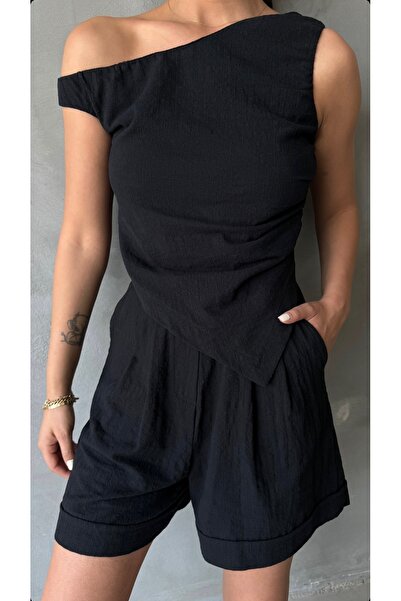 OzBeauty Set bluză și pantaloni scurți de in negru cu croială asimetrică