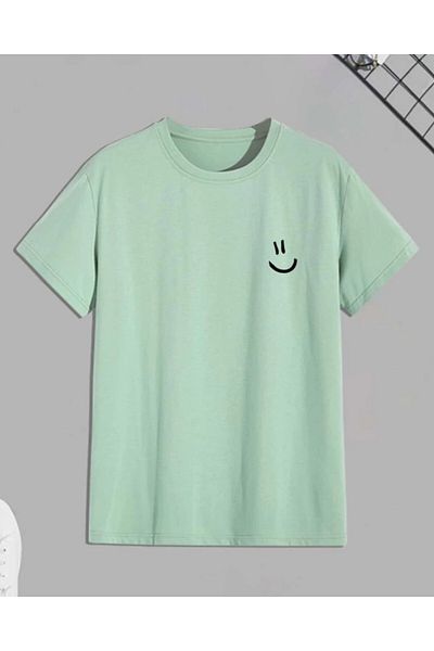 OBAM تي شيرت كبير الحجم (SMILE) برقبة دائرية وأكمام قصيرة 100% قطن (أخضر مائي)