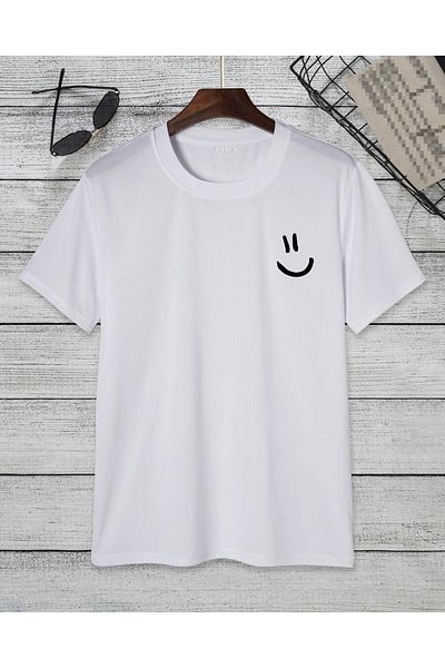 OBAM تي شيرت كبير الحجم (SMILE) برقبة دائرية وأكمام قصيرة 100% قطن (أبيض)