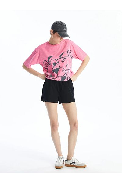 LC Waikiki LCW Vision - Pink Panther Print Oversize dámské tričko, výstřih, krátký rukáv