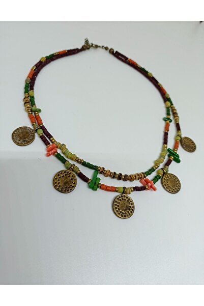 mama india alaçatı Etnik Tasarım İkili Mercan Taşlı Otantik Bohem Kısa Kolye ...