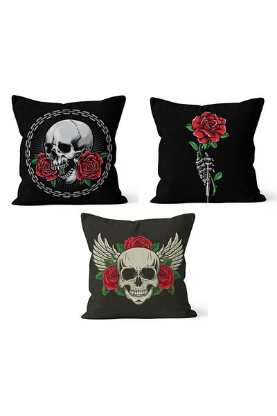 PASAJ HOME Ks-122 Double Sided Printed Rose Patterned 3-Piece Throw Pillow Cover