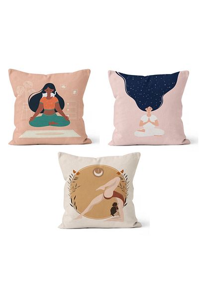 PASAJ HOME Ks-166 Double Sided Printed Yoga Patterned 3-Piece Throw Pillow Cover