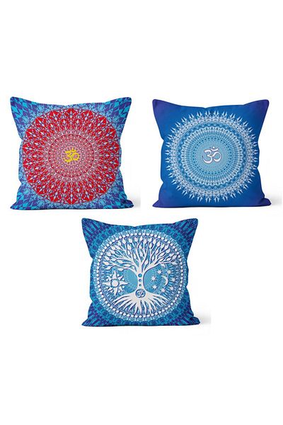 PASAJ HOME Ks-120 Double Sided Printed Blue Patterned 3-Piece Throw Pillow Cover