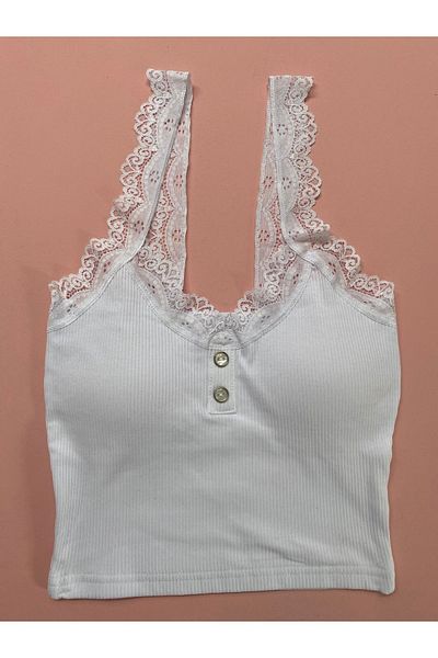 LEYNA BUTİK Women's Lace Strap Half Tank - 3 Pieces Camisole with Removable Pads (Green-White-Dried Rose)