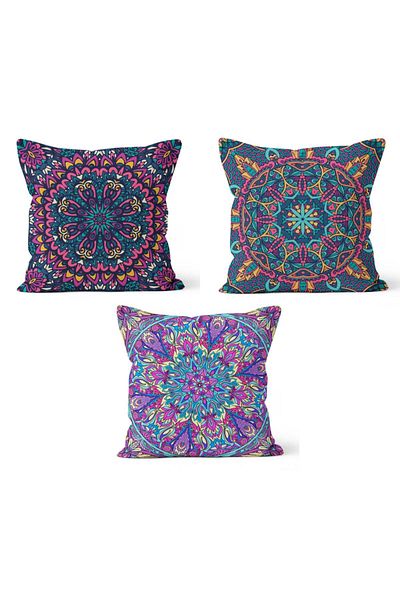 PASAJ HOME Ks-137 Double Sided Printed Mandala Patterned 3-Piece Throw Pillow Cover