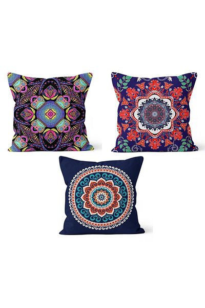PASAJ HOME Ks-141 Double Sided Printed Mandala Patterned 3-Piece Throw Pillow Cover