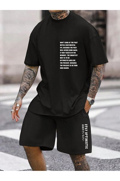 Mythologie Συνδυασμός T-Shirt και σορτς Sentimental Look - Μαύρο εμπριμέ, Oversize Crew Neck