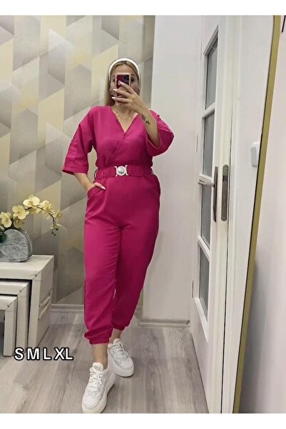 SUSEEMODA Kemerli Salaş Keten Tulum Pembe