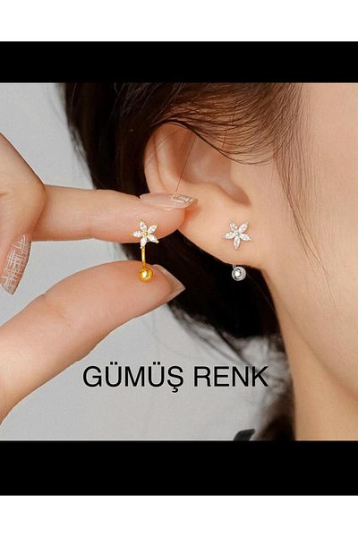 Arescollection Zircon Stone Flower Model Piercing Earrings - 1 Piece, Earlobe and Helix Tragus Rook Compatible
