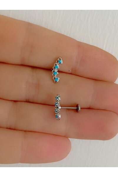 Arescollection 1 adet zirkon taşlı mavi kalpli arkası düz tragus helix lobe conch uyumlu piercing küpe