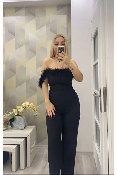 SUSEEMODA Tüy Detaylı Tek Askı Atlas Tulum Siyah