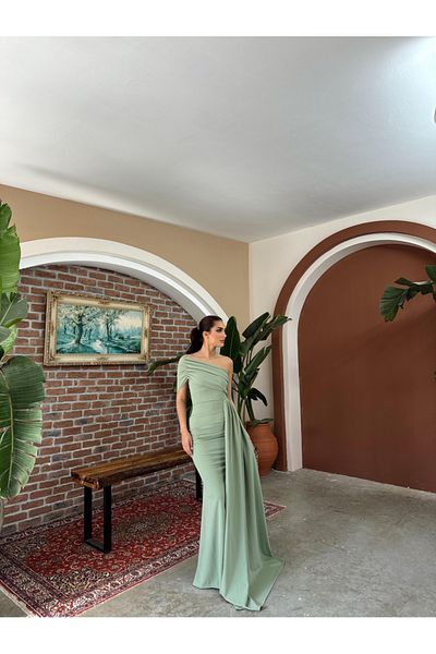 Sindimoda Ewoo One-Shoulder Saxe Blue Evening Dress - With Train