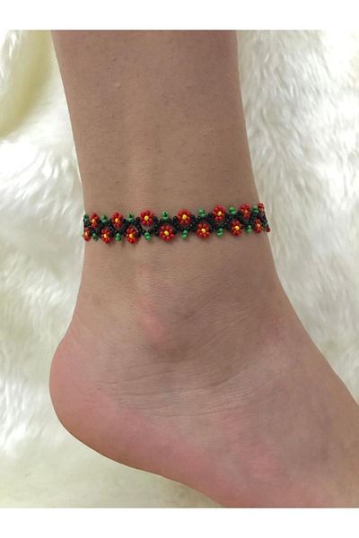Beykan Red Flower Patterned Anklet