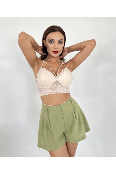 EDZ شورت نسائي من قماش الكريب الأخضر بجيب مزدوج