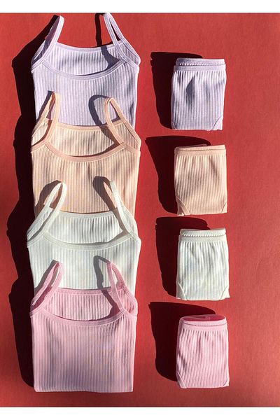 VicTroy Girl's Ribbed 4 Pieces String Strap Cotton Flexible Undershirt and Panty Set