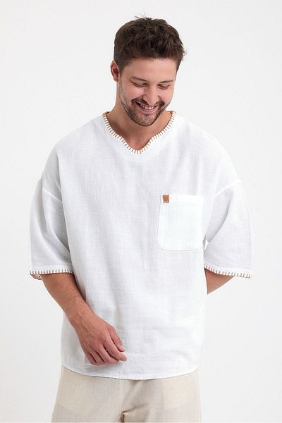 Plus Ninety Plusninety Men's Oversize Linen Cotton T-Shirt Shirt - Shepherd with Pocket Stitching