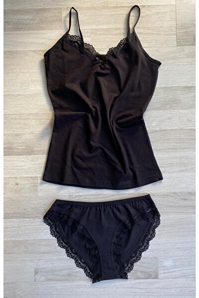 VicTroy (TAKIM) 2 Adet Dantel Detaylı Ip Askılı Pamuklu Atlet-külot Takım (1 Siyah Ve 1 Bordo )