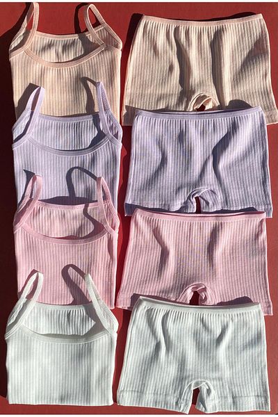 VicTroy Flexible Corded Cotton Undershirt and Shorts Set for Girls - 4 Pieces with Rope Straps