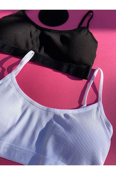 VicTroy 2-Piece Black and White Corded Thin Rope Strap Cotton Half Tank with Pads (M=70-75, L=80-85, XL=90-95 )