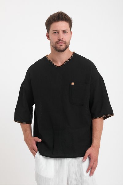 Plus Ninety Plusninety Men's Pocketed Shepherd Stitch Oversize Linen Cotton Tshirt Shirt