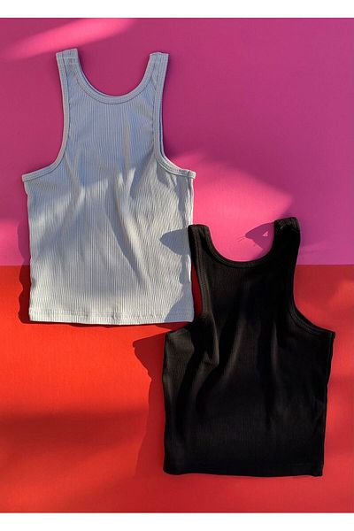 VicTroy Corded 2-Piece Black and Gray Cotton Half Tank Top-Crop