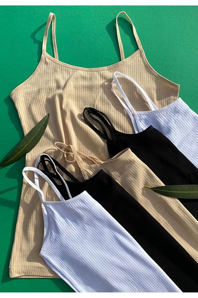 VicTroy Cotton 3-Piece Rope Strap Corded Women's Tank Top Tan, Black, White Women's Tank Top 64V20