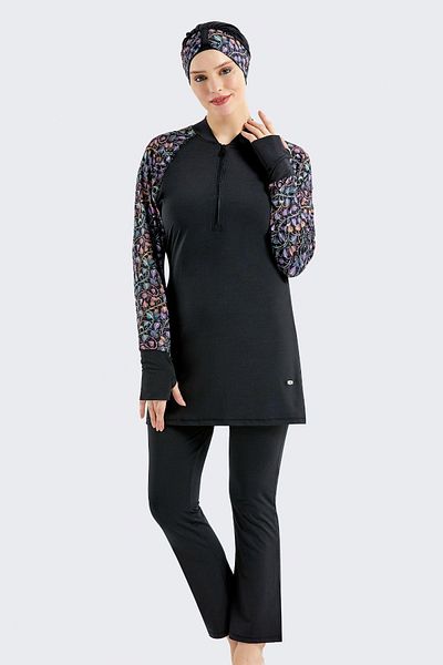 C&City Voll bedeckter 3-teiliger Hijab-Badeanzug C12012 Schwarz