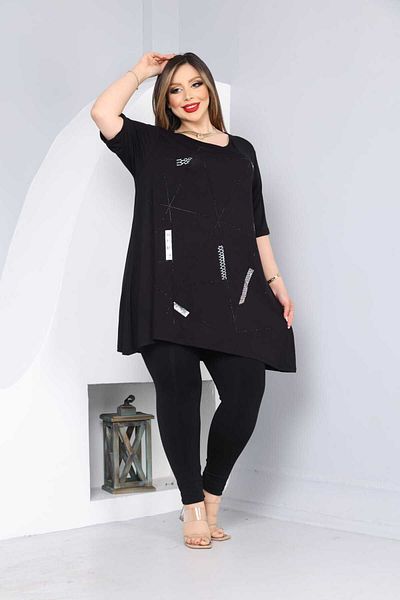 vividbutik Asymmetric Cut Black Stone Detailed Tunic Blouse