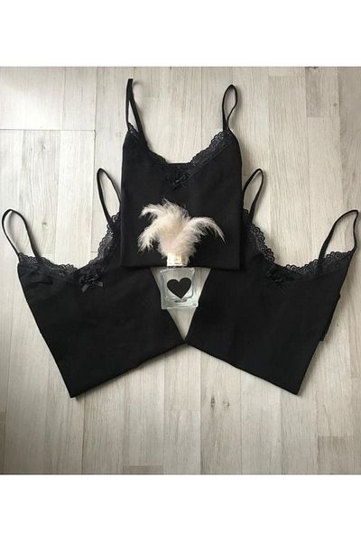 VicTroy Cameră de corp din bumbac, 3 bucăți, culoare neagră, dantelă, frânghie