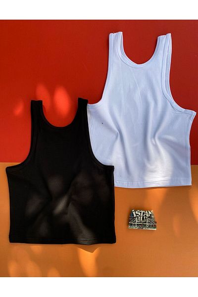 VicTroy Cotton 2 Pieces Black-White Color Pool Collar Crop-Atlet