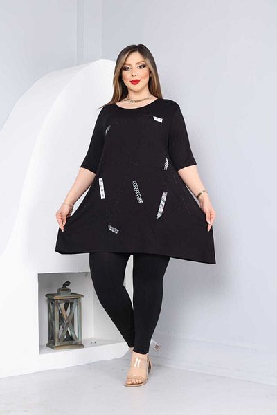 vividbutik Asymmetric Cut Black Stone Detailed Tunic Blouse