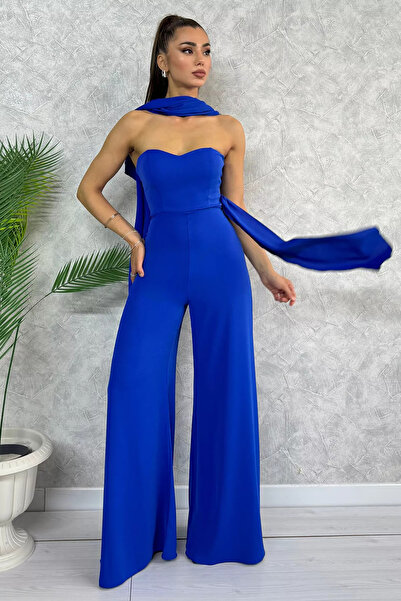 GÜLSELİ Βραδινό φόρεμα Sax Blue με στράπλες και λεπτομέρεια φύλλου - Loose Cut Style