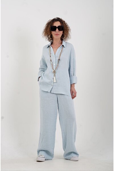 Zelish My Sister Lenjerie naturala - Talie elastica, pantaloni albastri cu picioare late