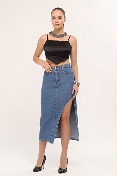 Trn JNS Trend Jean Kadın Orta Mavi  Od Renk Yandan Derin Yırtmaç Detaylı Uzun Denim Etek( New Sezon)