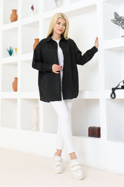 nacar çarşı Kadın DÜZ RENK KETEN RAHAT KESİM Oversize Uzun Basic Siyah Gömlek