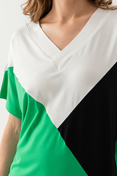 EtkiModa Bluză din bumbac pieptănat din viscoză, alb, verde, roz - mânecă liliac, model bloc