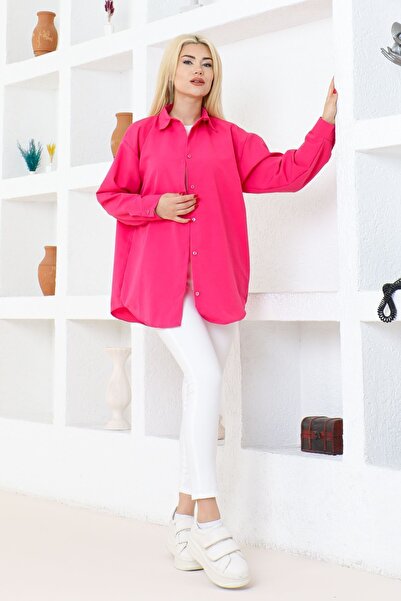 FATELLA قميص نسائي فوشيا كبير الحجم - قصة مريحة، كتان بلون سادة