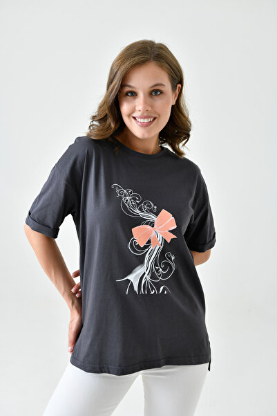 mirach Ανθρακί βαμβακερή χτενισμένη κοντομάνικη μπλούζα - Άνετη εφαρμογή και εμπριμέ ντραπέ καλοκαιρινό λεπτό