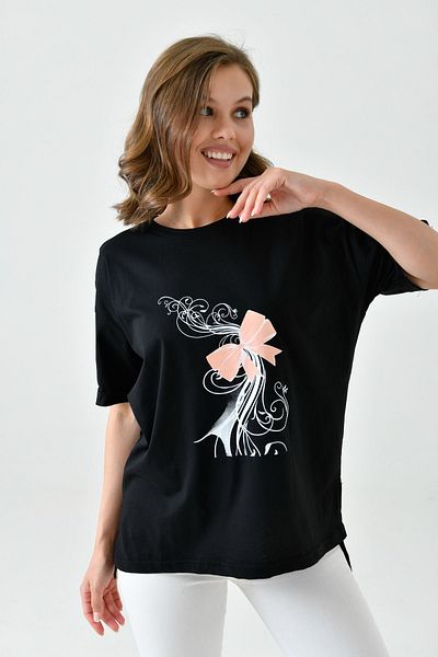 mirach Comfortable Cut Black Cotton Combed - Printed Summer Thin Like No Short Sleeve Blouse
