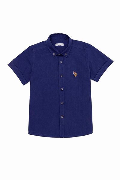 U.S. Polo Assn. Детска риза от 3 до 13 години - с къс ръкав, визия на лен, 100% памук, тъмнобял светло син цвят на камък